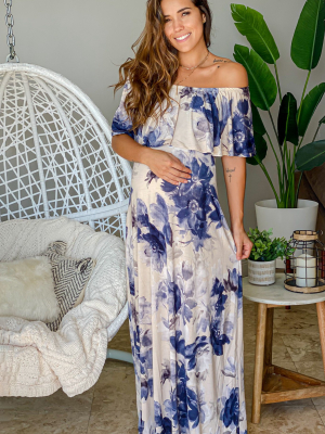 Taupe And Navy Off Shoulder Maternity Maxi Dress