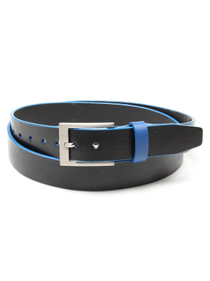 Black Leather Belt With Sharp Blue Trim And Keeper