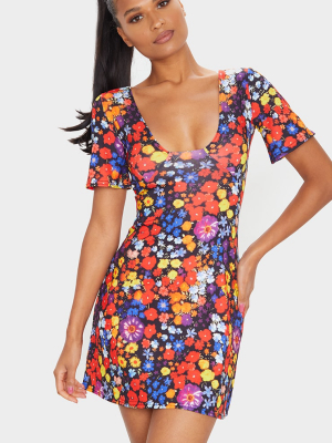 Multi Floral Print Short Sleeve Smock Dress