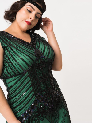 Unique Vintage Plus Size 1920s Deco Green & Black Sequin Veronique Fringe Flapper Dress