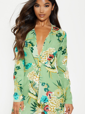 Sage Green Printed Long Sleeve Wrap Dress