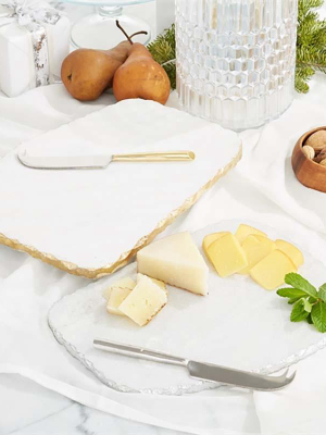 Blu Kitchen White Marble Cheese Plate W/ Knife-silver