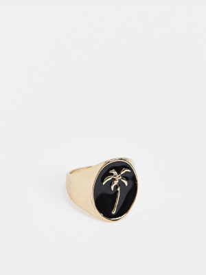 Asos Design Pinky Ring With Palm Tree In Gold Tone