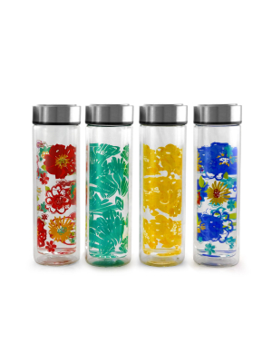 Gibson Home Glasselle 4 Piece 13 Ounce Glass Decorated Hydration Bottle Set In Assorted Colors