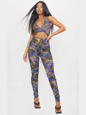 Multi Abstract Print Plunge Lace Up Mesh Jumpsuit