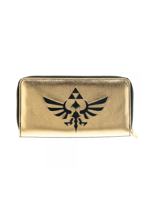 Bioworld Legend Of Zelda Legend Hyrule Crest Logo Black And Gold Zip Around Clutch Wallet