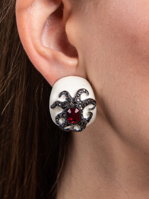 White Enamel Ruby Octopus Clip Earrings