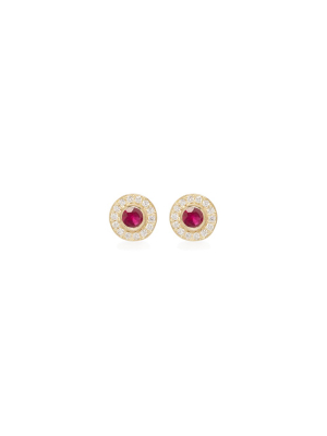 14k Round Ruby Studs With Pave Halo