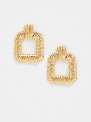 Asos Design Earrings In Ribbed Open Square In Gold Tone