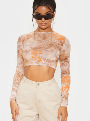 Orange Tie Dye Printed Mesh Long Sleeve Crop Top