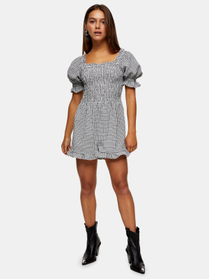 Petite Black And White Shirred Gingham Romper