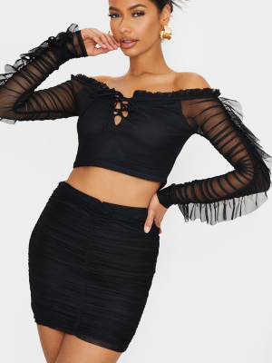 Black Mesh Layered Frill Hem Long Sleeve Bardot...