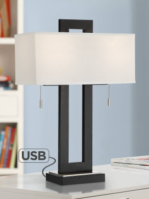 360 Lighting Modern Table Lamp With Usb Charging Port Open Rectangular Metal White Fabric Shade For Living Room Bedroom Bedside