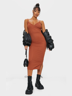 Rust Ribbed Wrap Front Strappy Midi Dress