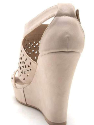 Qupid Shoes Lena Perforated Strappy Wedge In Nude Lena-619 Nude