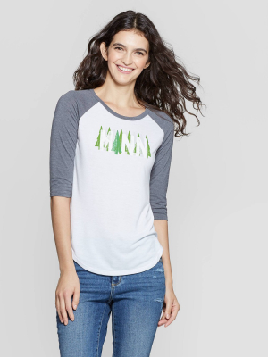 Women's 3/4 Sleeve Crewneck Trees Raglan Graphic T-shirt - Awake White