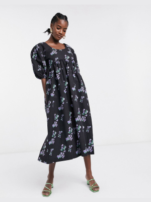 Ghospell Midi Smock Dress With Volume Sleeves In Vintage Floral