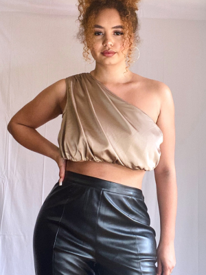 Plus Olive Green Satin Ruched Cropped Top