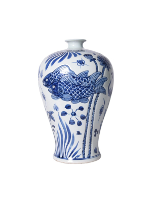 Carved Fish Plum Vase, Blue And White