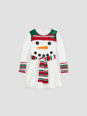 Girls' Ugly Holiday Snowman Long Sleeve Dress - Bright White