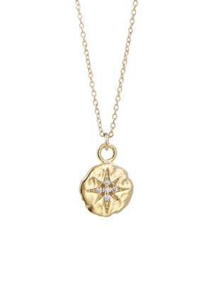 Cz Pave North Star Hammered Disc Pendant Necklace