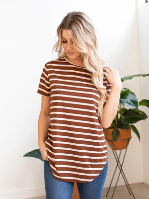 Short Sleeve Striped Mia Top - Brown