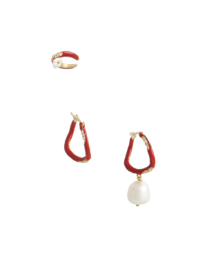Set Of Three Enamel Hoop Earrings