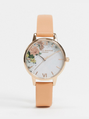 Olivia Burton Sparkle Floral Leather Watch In Coral