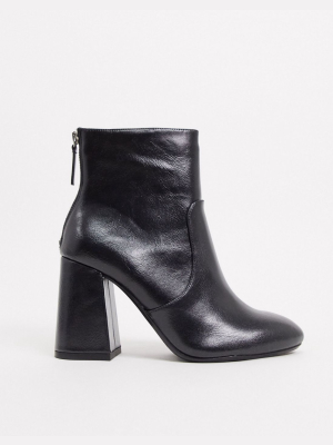 Pull&bear Faux Leather Heeled Ankle Boot In Black