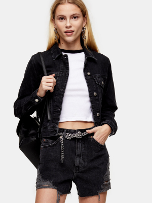 A Line Rip Detail Washed Black Denim Shorts