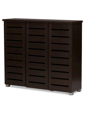 Adalwin Modern And Contemporary 3-door Wooden Entryway Shoes Storage Cabinet - Dark Brown - Baxton Studio