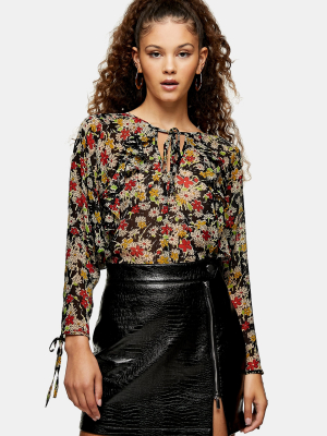 Black Floral Print Ruffle Grunge Blouse