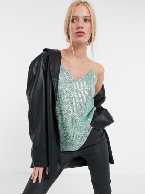 River Island Sequin Cami Top In Green