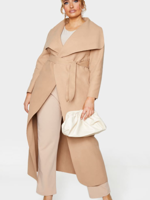 Plus Camel Maxi Oversized Waterfall Belted Coat