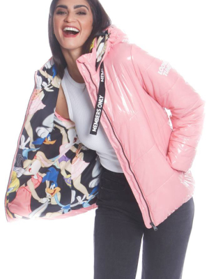 Women's Hi-shine Chevron Quilt Puffer With Looney Tunes Mashup Print Lining