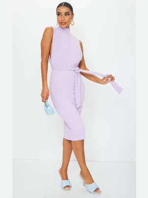 Lilac High Neck Tie Waist Midi Dress