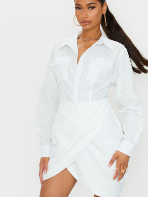 White Drape Wrap Skirt Long Sleeve Shirt Dress