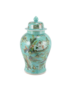 Chinoiserie Green Landscape Temple Jar