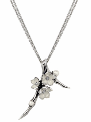 Silver Cherry Blossom Diamond And Pearl Flower Pendant