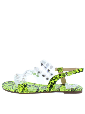 Maria204 Neon Yellow Open Toe Lucite Rhinestone Strap Sandal