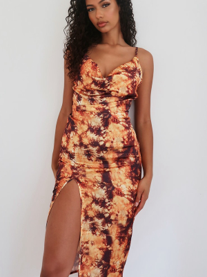 Orange Tie Dye Print Strappy Satin Cowl Midi Dress