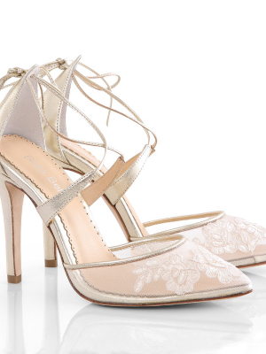 Evening & Bridal Gold Shoes Lace Floral Illusion Mesh