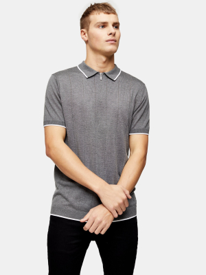 Grey Marl Pointelle Zip Knitted T-shirt