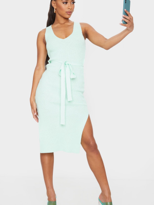 Mint Knitted Belted Split Midi Dress