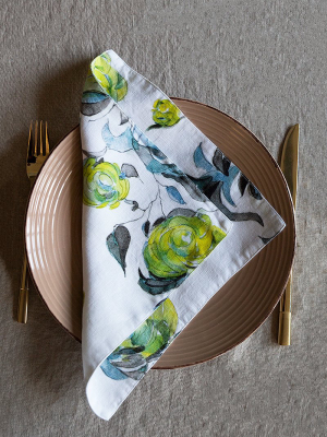 Lime Rose Print Linen Table Napkins