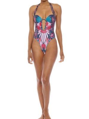 Kenya Halter Underwire Cut Out One Piece Swimsuit - Pink & Blue Tropical Print