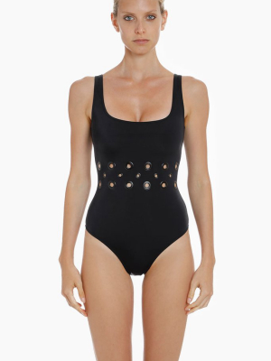 Grommet Waist Detail One Piece Swimsuit - Black