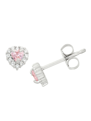 0.62 Ct. T.w. Children's Heart-cut Pink Cubic Zirconia Halo Earrings In Sterling Silver