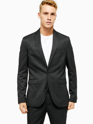 Charcoal Gray Pinstripe Skinny Fit Single Breasted Blazer With Notch Lapels