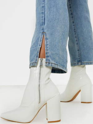 White Chunky Heel Side Zip Sock Boot